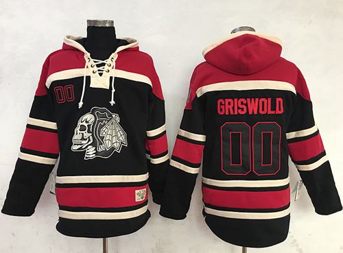 Blackhawks #00 Clark Griswold Black Sawyer Hooded Sweatshirt Stitched NHL Jersey - Click Image to Close